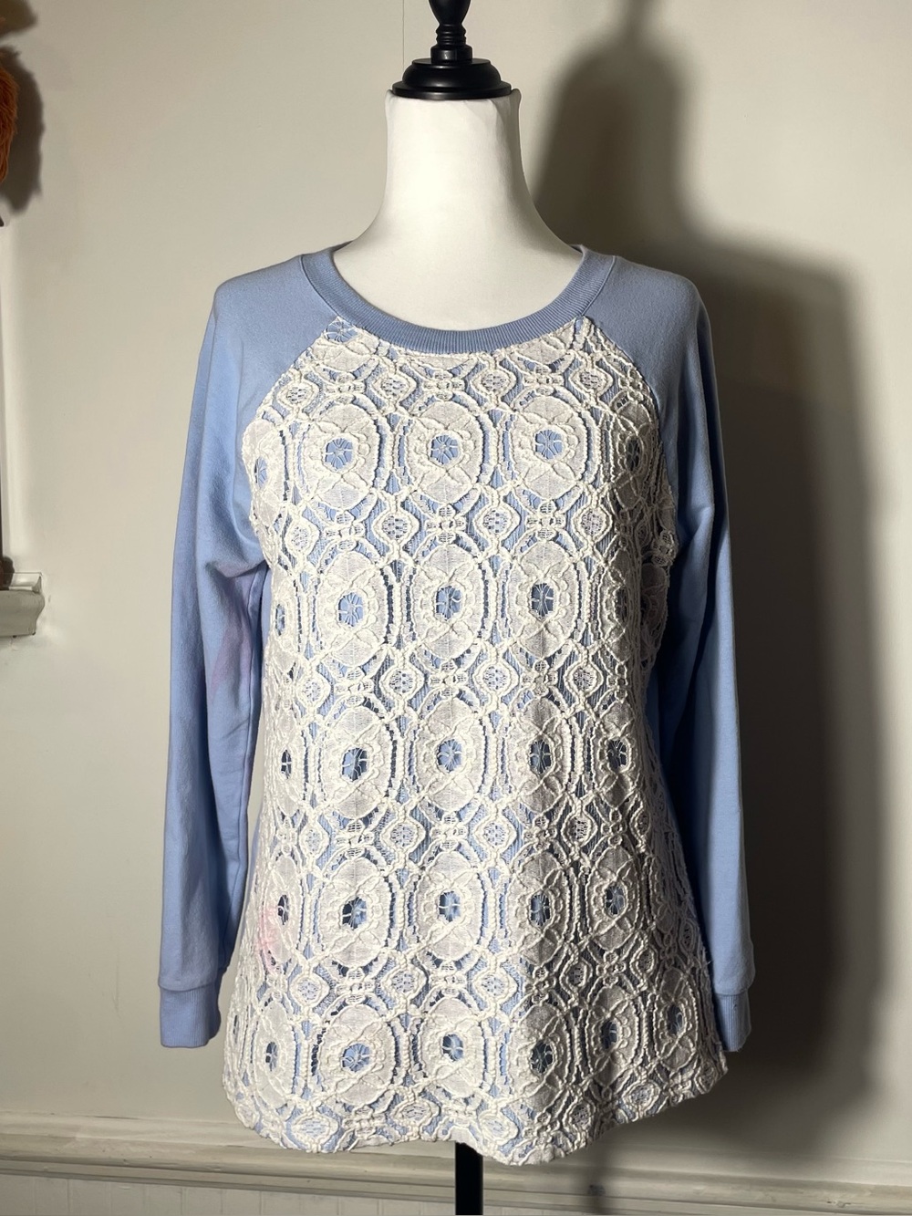 D & Co. Denim & Company - Light Blue White Lace Long Sleeve Pullover Sweater